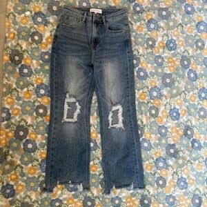 Risen Jeans High-waisted wide-leg distressed ripped denim jeans women's 5/27